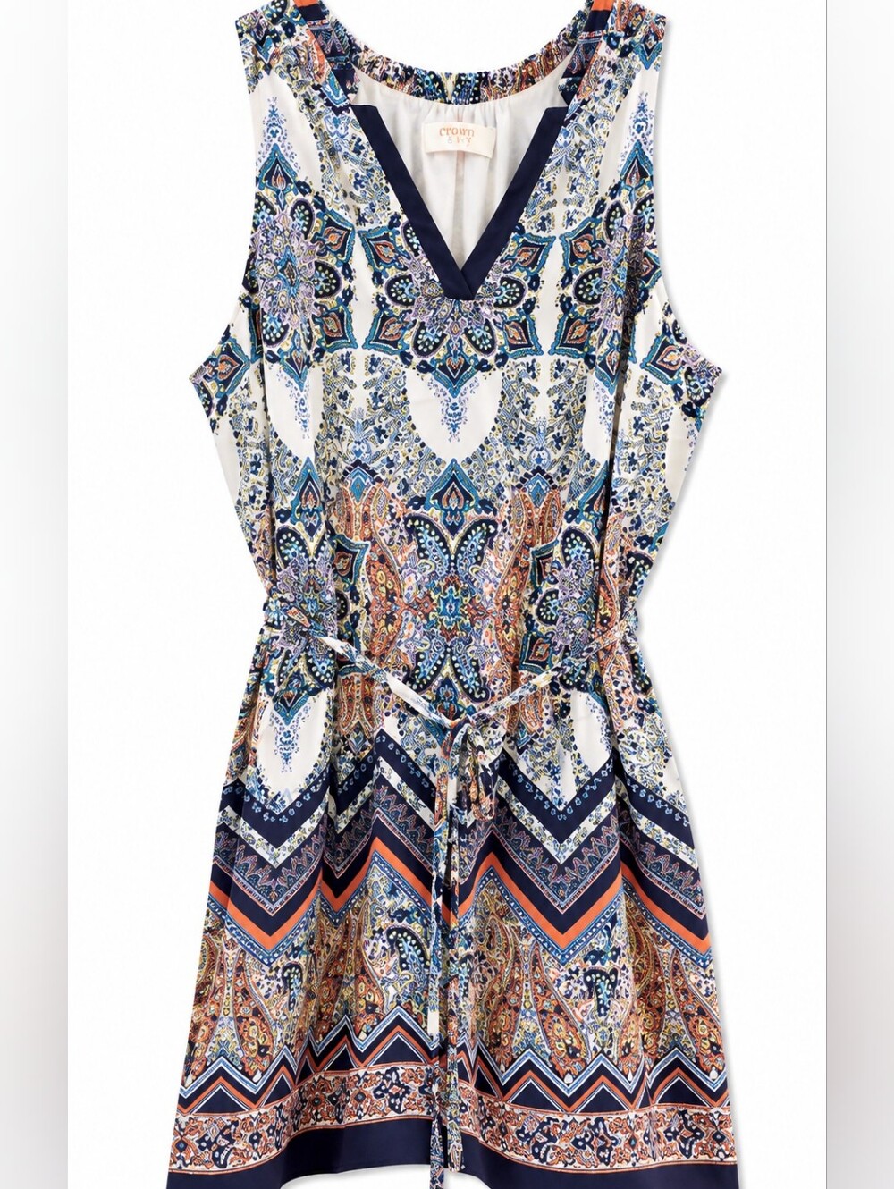Renee C Multicolor Paisley Sleeveless Belted Dress L/XL